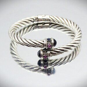 FLLI MENEGATTI Sterling Silver Black Onyx & Ruby Cabochon Hinged Bangle Bracelet